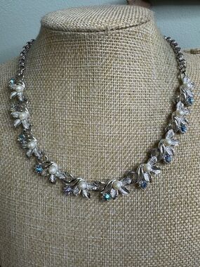 Coro Silver Floral Pearl Choker Necklace with Blue AB Crystals